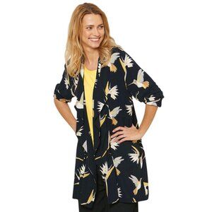 Masai Kimono tunic Crane Bird Print Viscose Navy & Yellow Size L open front Long